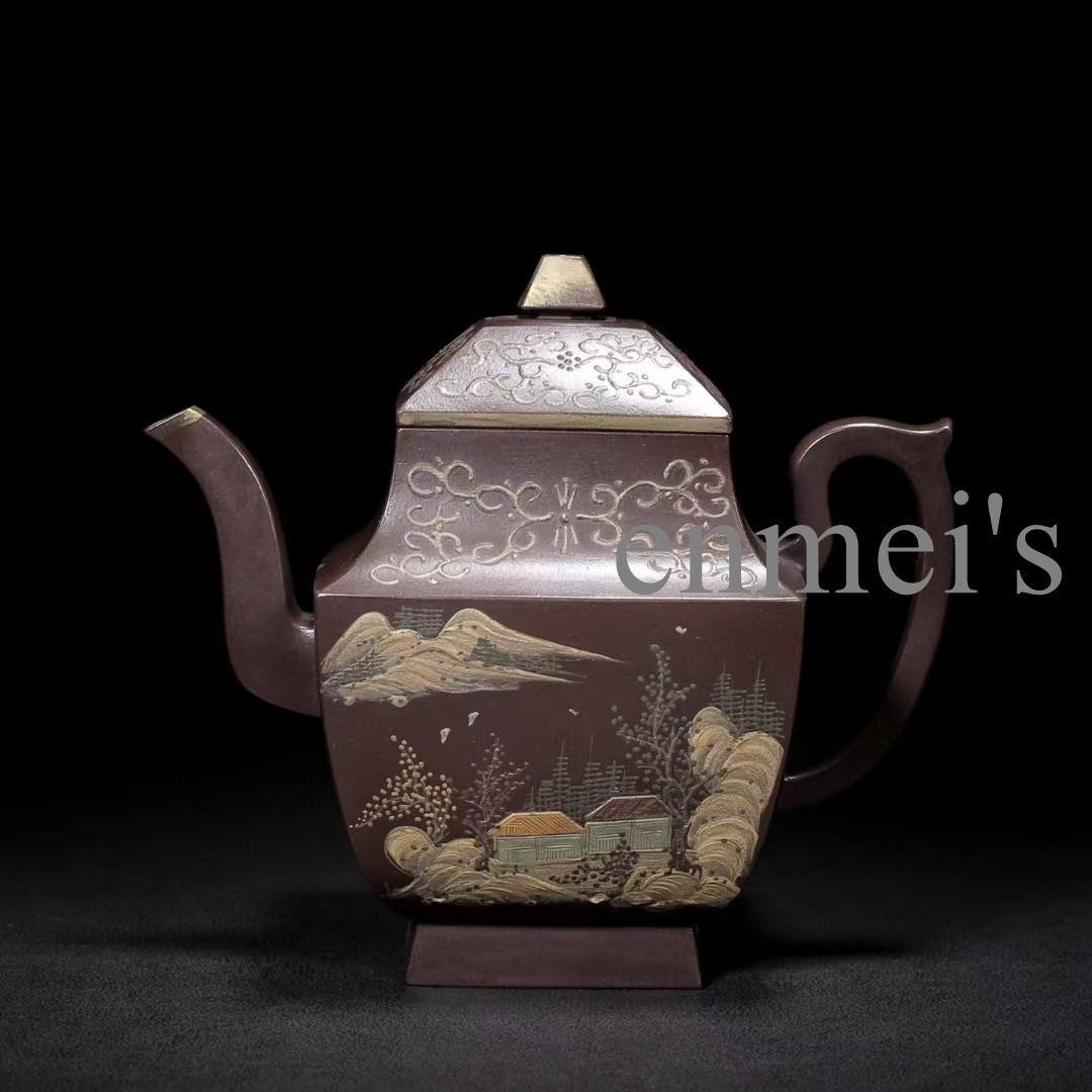 中国古美術・紫砂四方壺・原鉱紫泥・底款杨季初・急須・茶壺・山水風景と書紋・茶道具