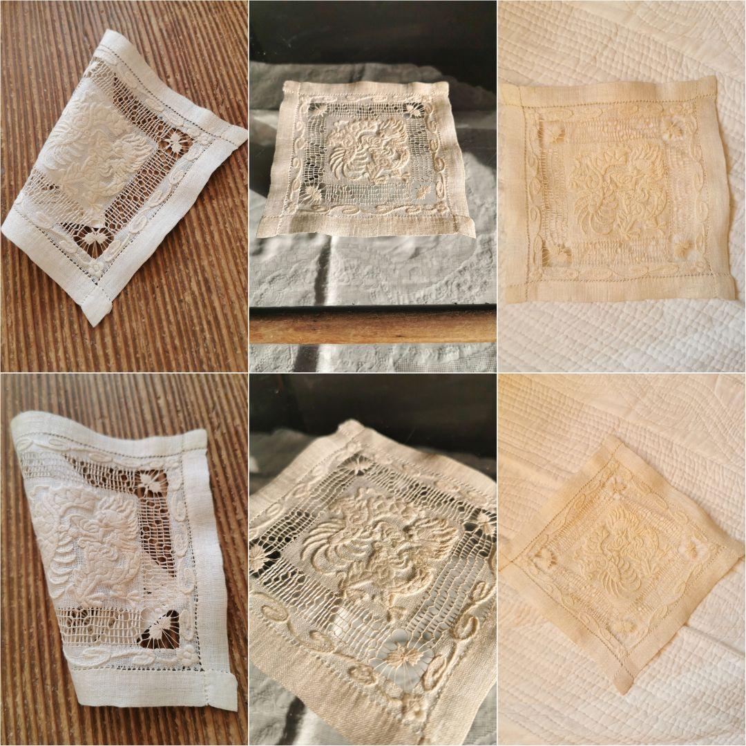 アンティーク 龍のエンブロイダリー 蝶のドローンワークレース シノワズリドイリー