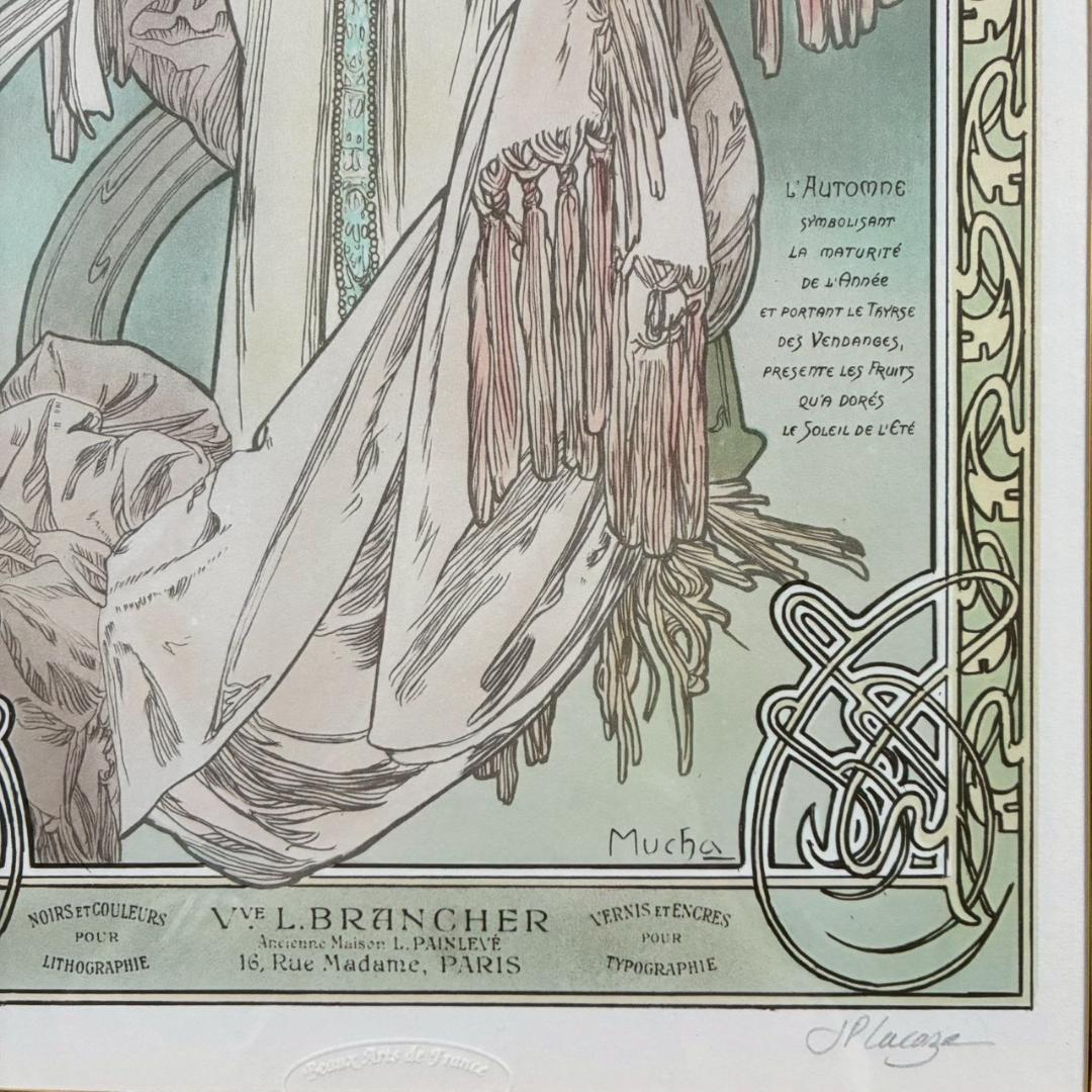 美品 アルフォンス・ミュシャ「四季・秋」リトグラフ 摺師サイン入り お洒落額装