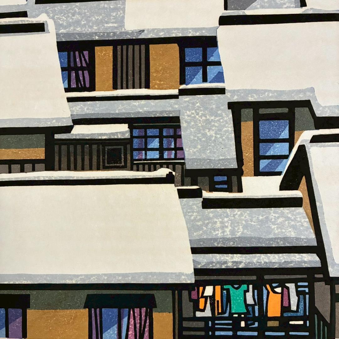 クリフトン・カーフ「雪の屋根」木版画 直筆サイン入 1982年 京都 人気作家