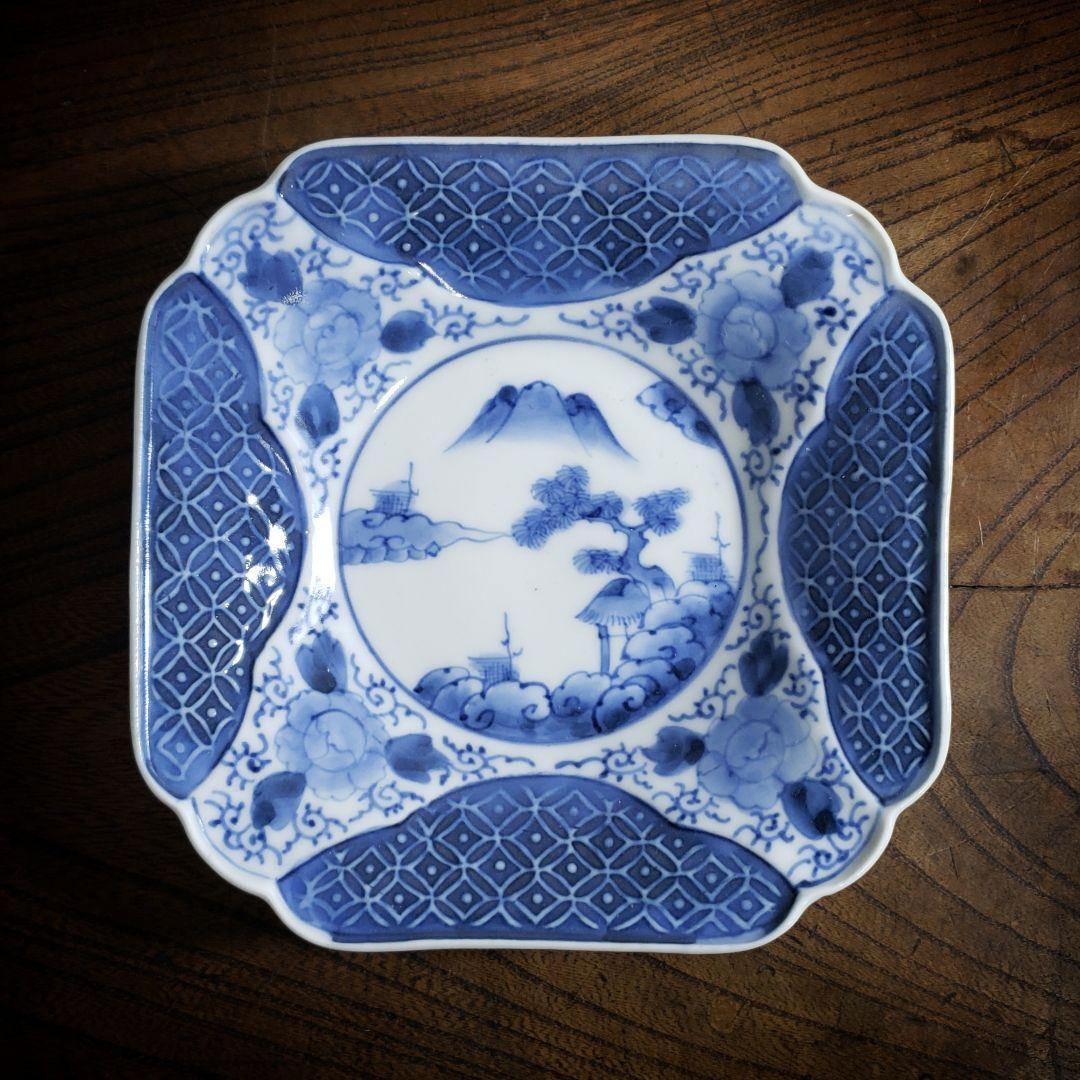 染付角皿　古伊万里　薄造　山水文様　牡丹文　唐草文　七宝繋文　江戸　明治　訳あり