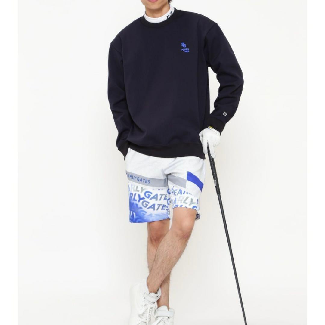 PEARLYGATES　凹凸ストライプクルーネックプルオーバー　トレーナー　紺色