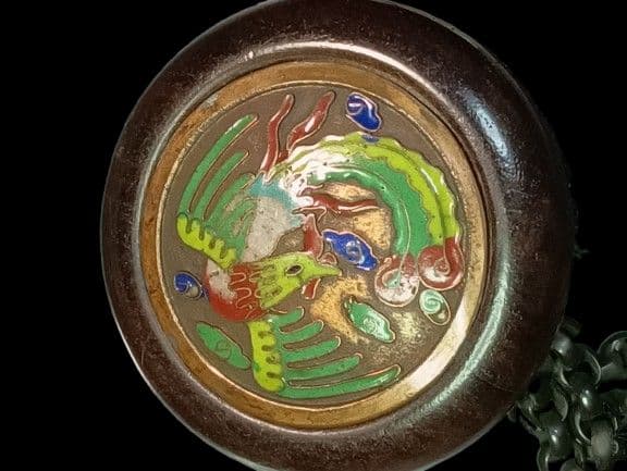 「鳳凰の図 七宝 鏡蓋 饅頭 根付」「折鶴 前金具」 煙草入 銀煙管有 江戸時代