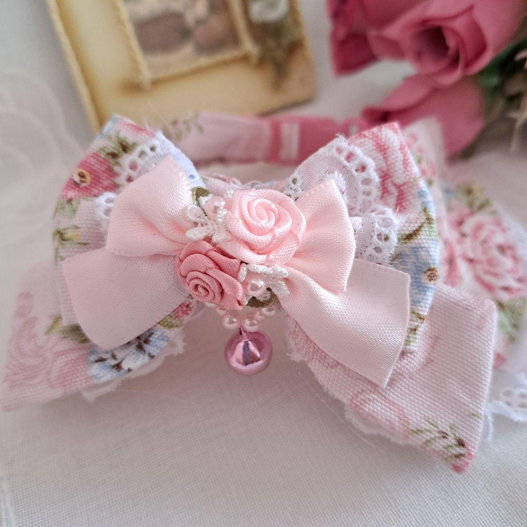 ローズ柄(ピンク)わんちゃん猫ちゃん用襟付首輪