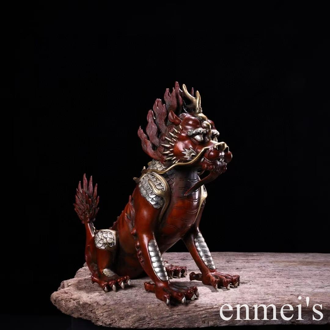 中国古美術・旧蔵鎏金鎏银の麒麟置物・瑞獣・純銅制・高浮彫・案頭・文房・禮品・風水