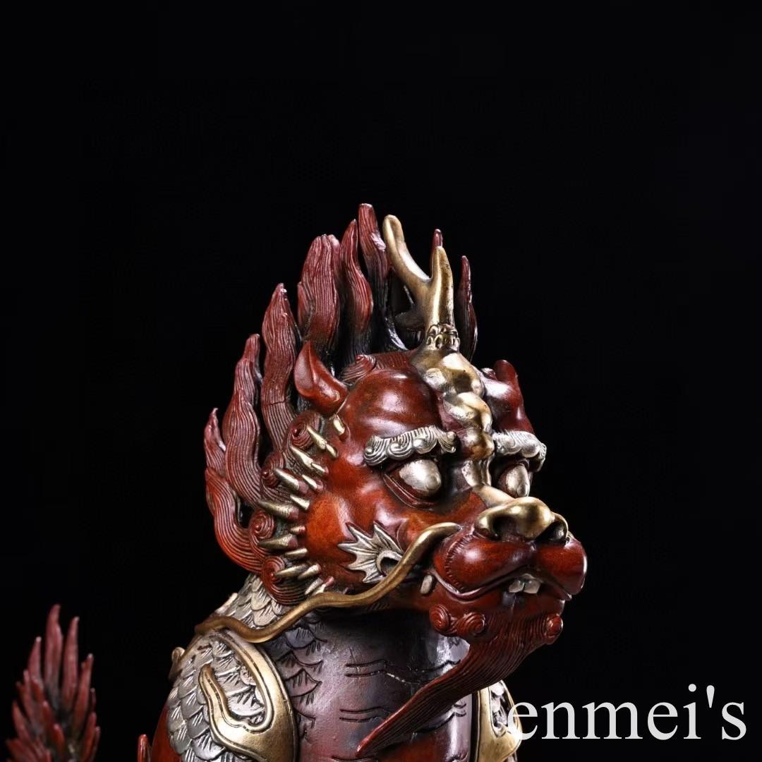 中国古美術・旧蔵鎏金鎏银の麒麟置物・瑞獣・純銅制・高浮彫・案頭・文房・禮品・風水