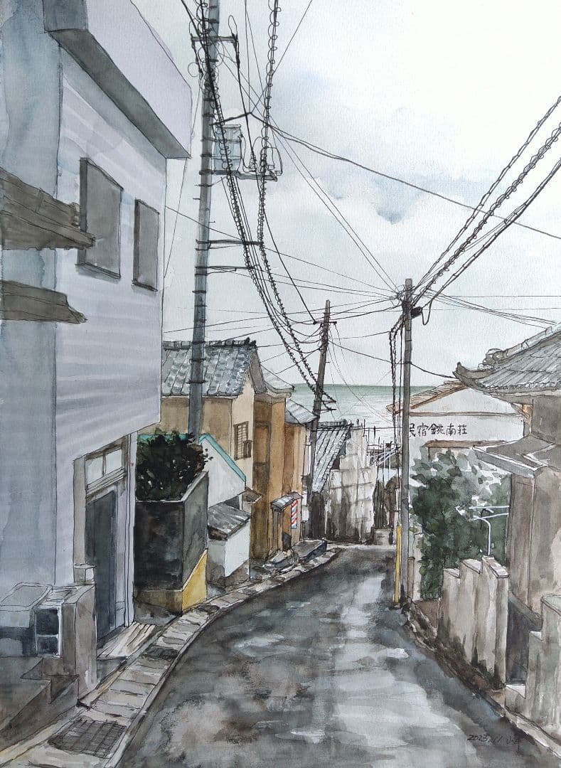 水彩画『銚子市外川町から海を臨む』