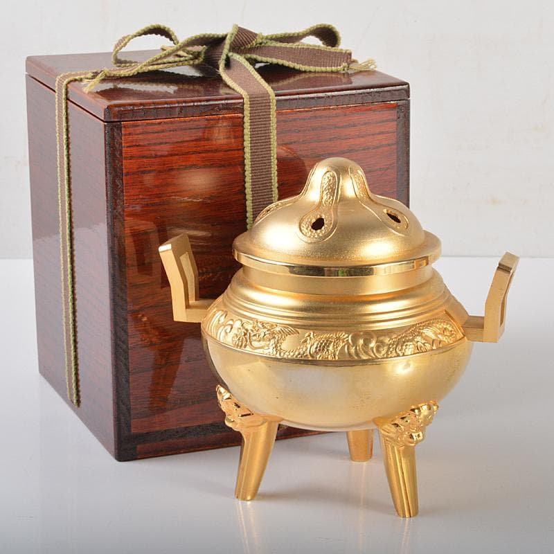 朧　香道具　銅製　雲龍文　黄金香炉　24KGP刻印　時代箱付　V　5804