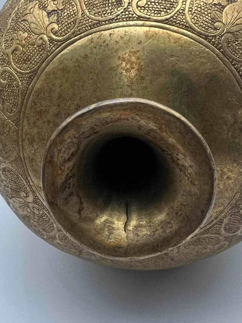 唐時代　金象嵌　鏨彫龍鳳吉祥蓮唐草花芭蕉文大瓶　瑞獸図　瑞龍鳳凰紋(E-83)