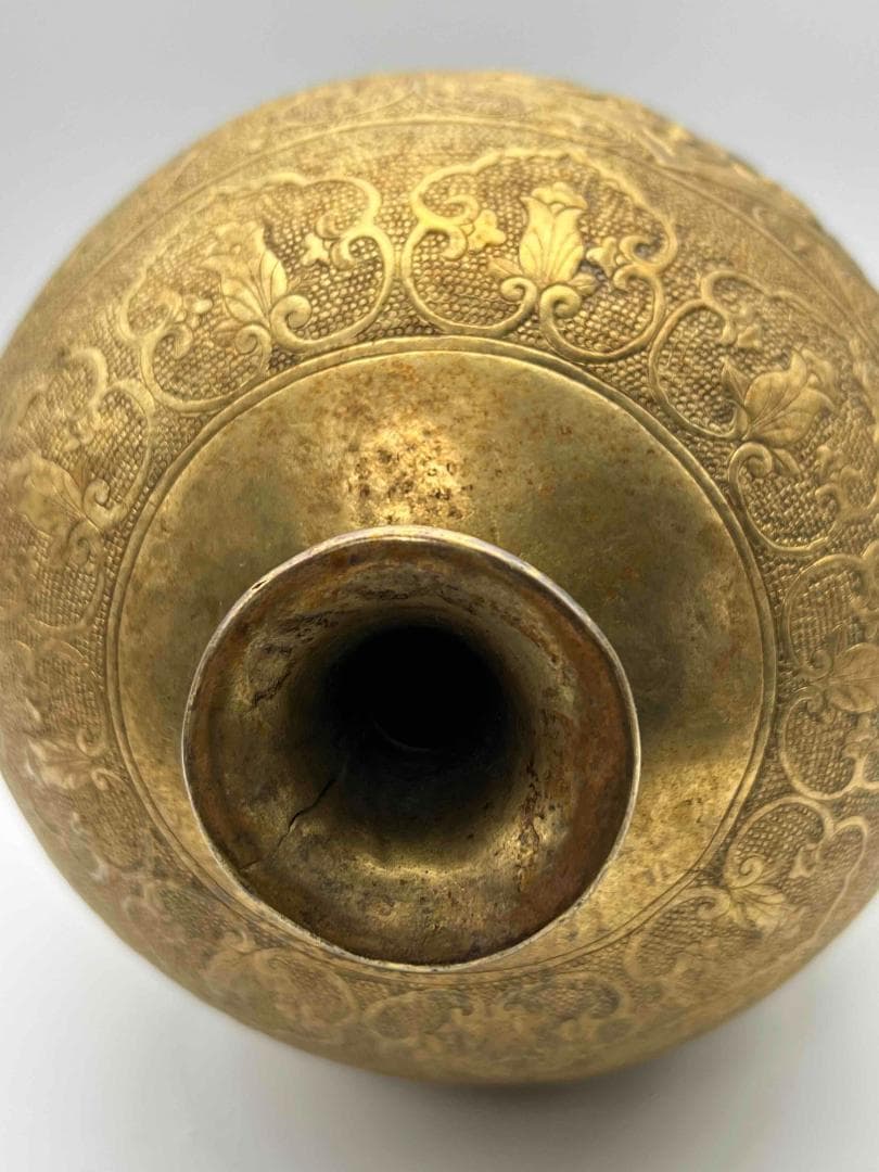 唐時代　金象嵌　鏨彫龍鳳吉祥蓮唐草花芭蕉文大瓶　瑞獸図　瑞龍鳳凰紋(E-83)