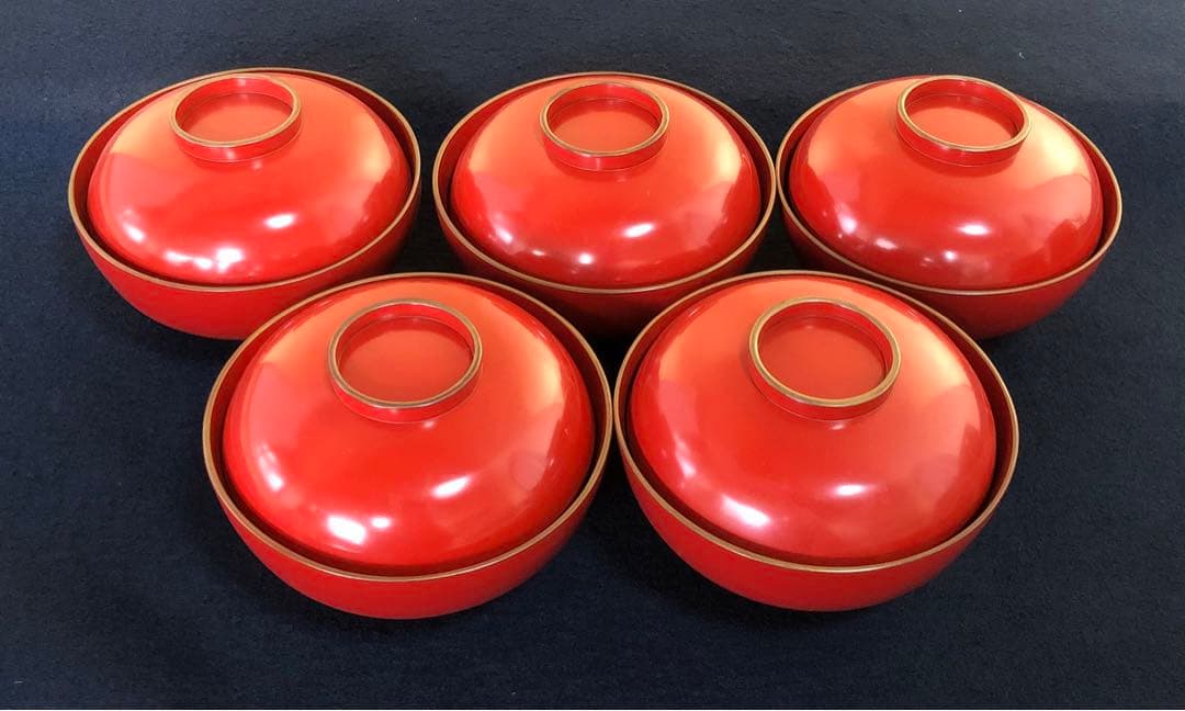 《レ》朱塗 鶴亀蒔絵 蓋内金 吸物椀5客 木製漆器 時代　251110う5