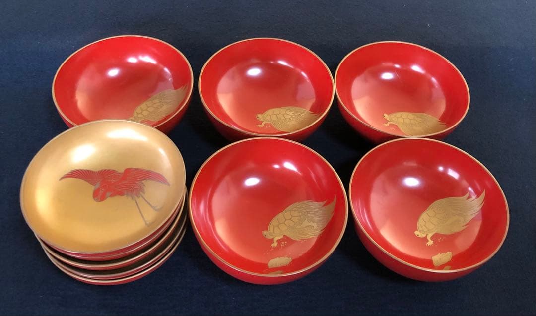 《レ》朱塗 鶴亀蒔絵 蓋内金 吸物椀5客 木製漆器 時代　251110う5