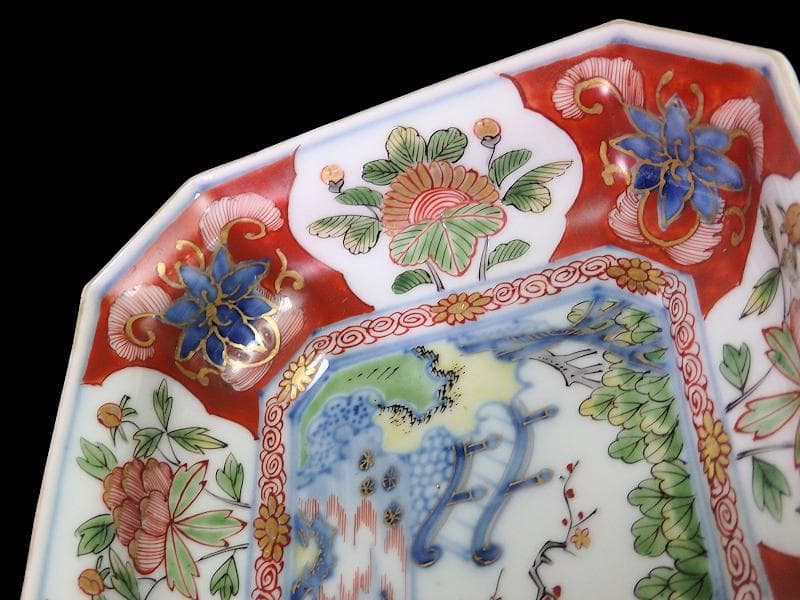 大聖寺伊万里　金襴手　窓絵　牡丹に菊　四方角向付　５客　N1643A-CLv