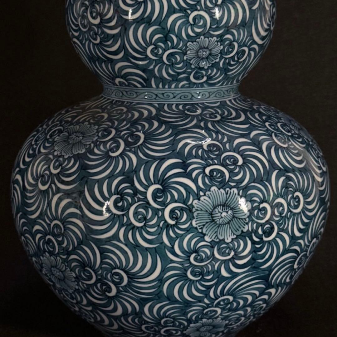 【真作】蔵出し 藤井勝雲 染付細密蛸唐草牡丹 瓢型大飾壷 35cm 有田焼 瑞祥