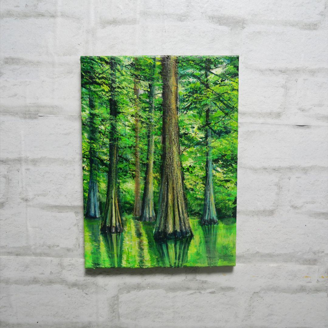 油絵 油彩 油彩画 絵 絵画 絵【水面に映るラクウショウの森﻿】