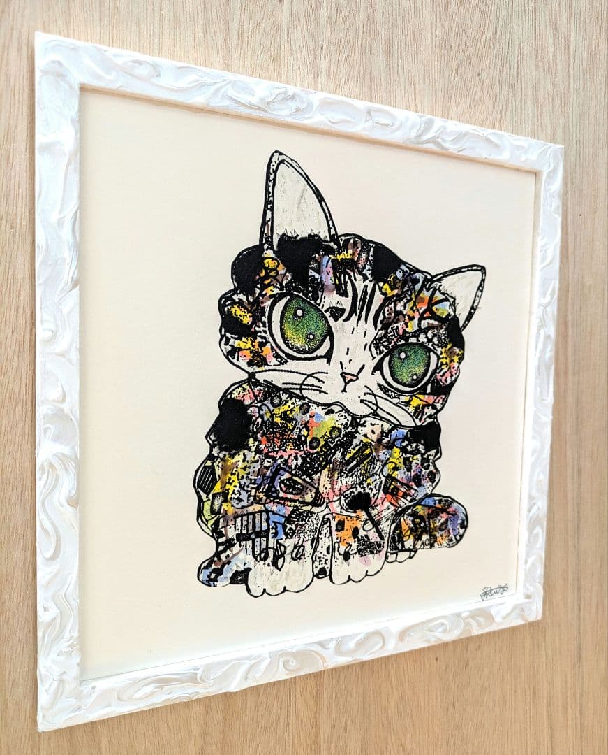 手作り額付き銅版画カラー作品　title「きらめきニャンコ」