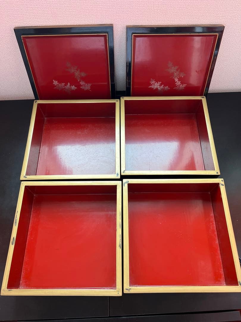 785 黒漆塗り沈金重箱　鶴松金蒔絵　松　4重　高級