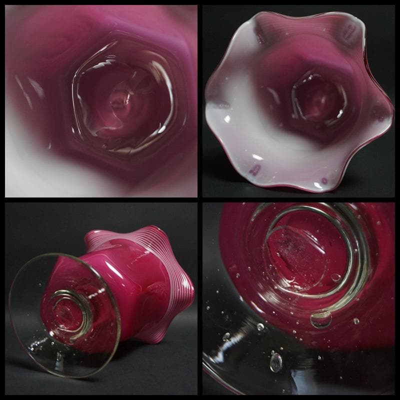 アンティーク大正ウランガラス宙吹き千筋文大型氷コップグラス花器 気泡入美品希少品