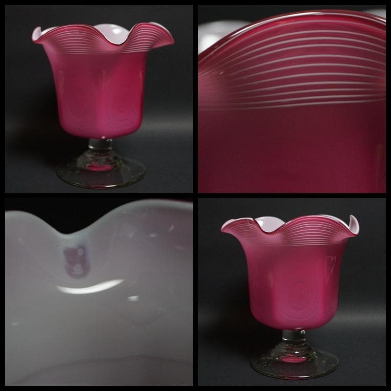 アンティーク大正ウランガラス宙吹き千筋文大型氷コップグラス花器 気泡入美品希少品