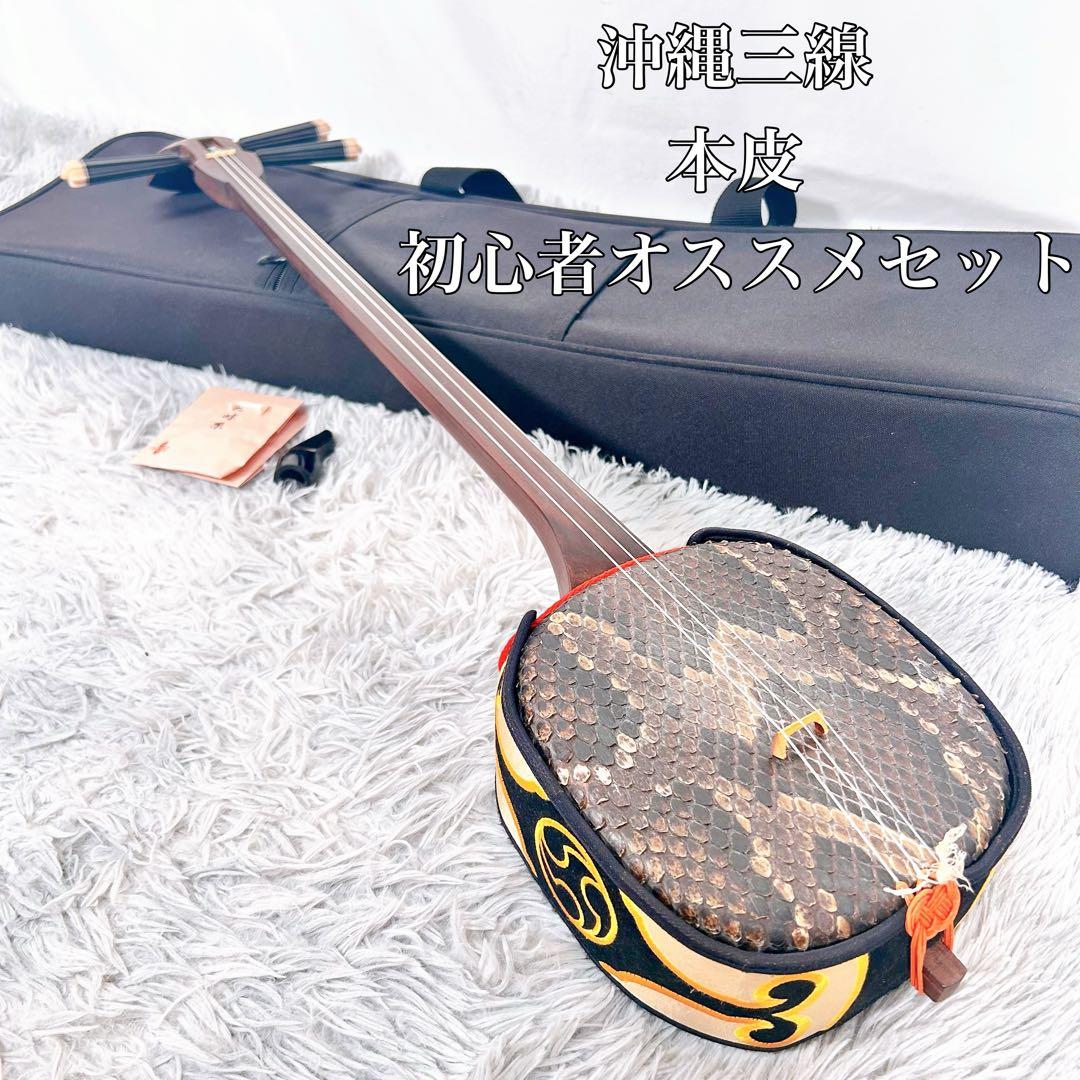 【動作品】沖縄三線 三味線　本皮　初心オススメセット　無塗装仕様　強化張り