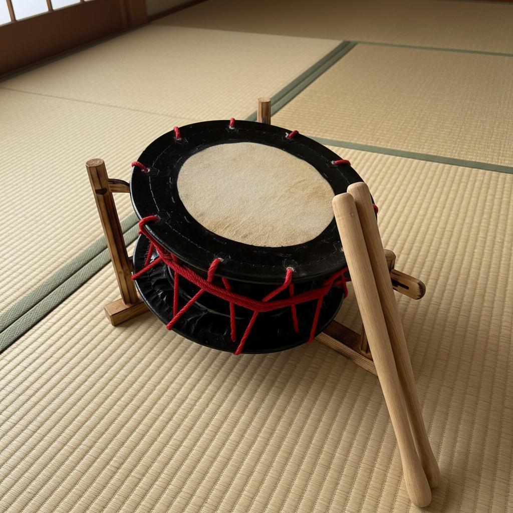 【新品】【蔵出し】締め太鼓 牛 革 和太鼓 バチ付き 台付き 入門用 セット