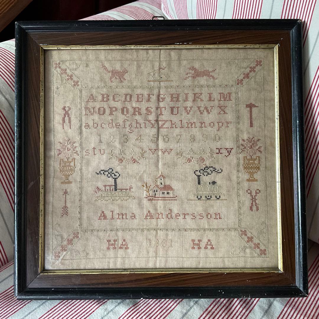 刺繍 フランス アンティーク サンプラー フレーム 1891年 ガラス入り 額装