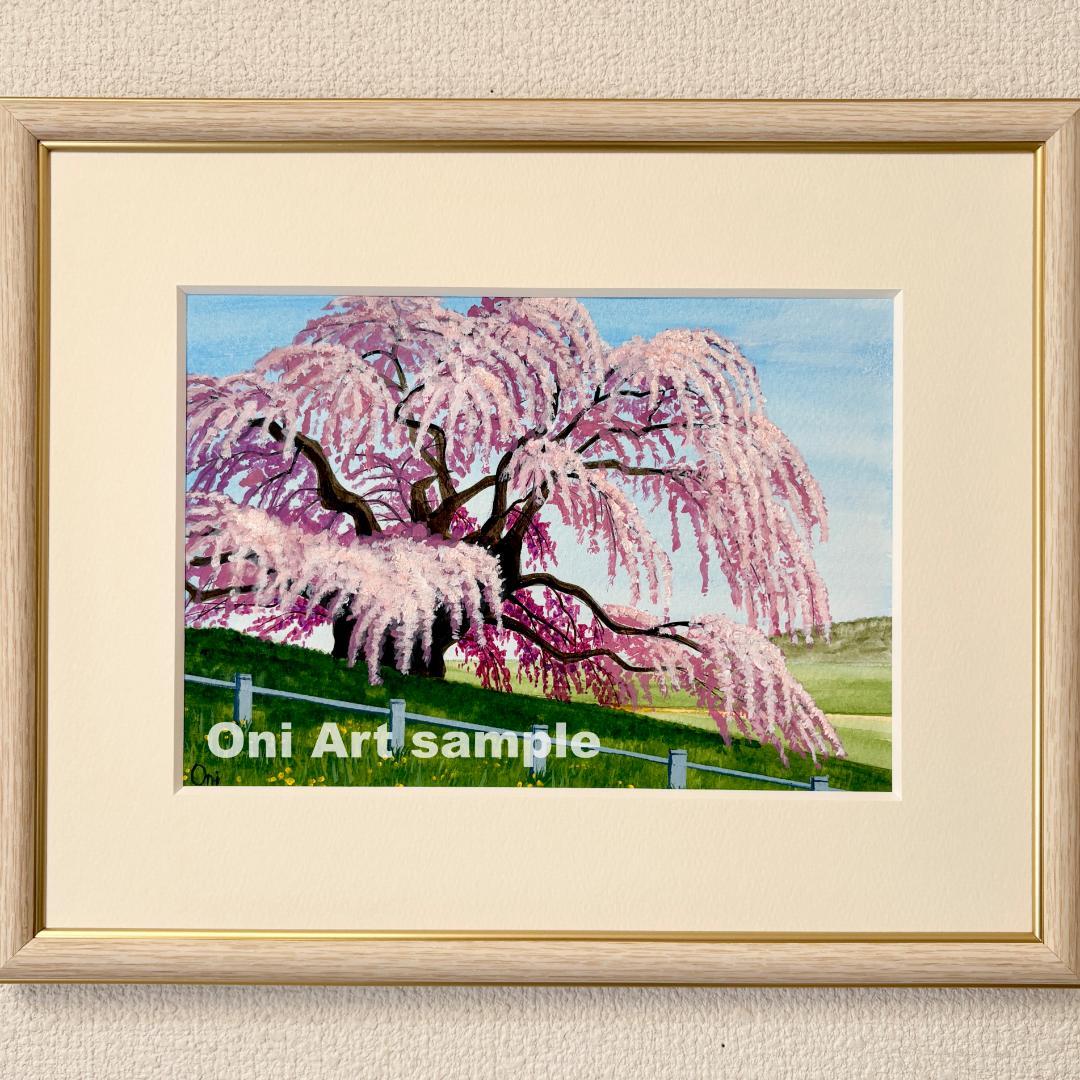 アクリル画　原画　「三春滝桜」額縁付　SMサイズ　風景画