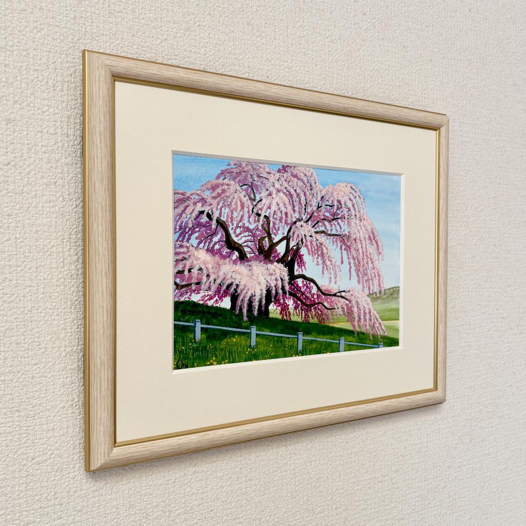 アクリル画　原画　「三春滝桜」額縁付　SMサイズ　風景画