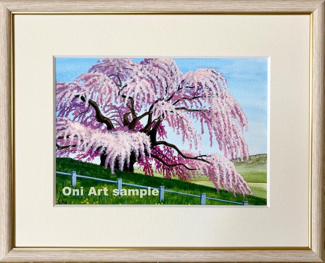 アクリル画　原画　「三春滝桜」額縁付　SMサイズ　風景画