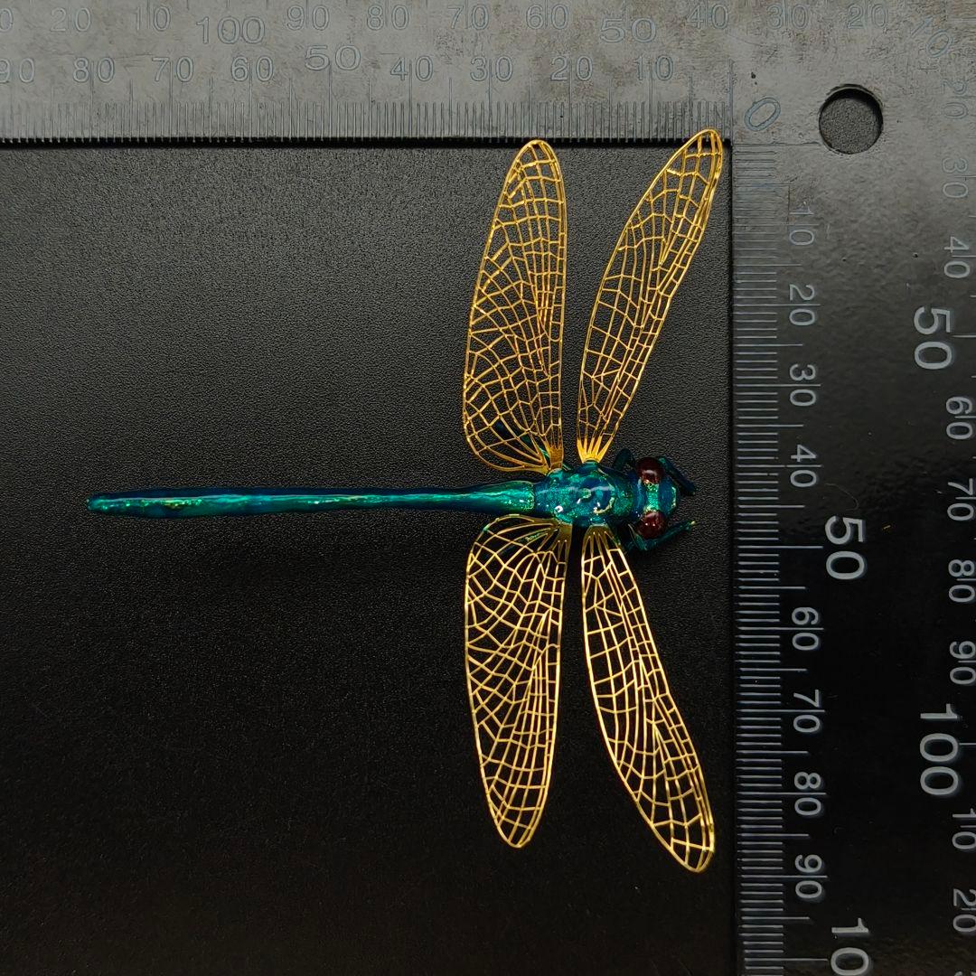 銅製置物　勝虫　蜻蛉　金メッキ　金工品　青色　銅製　薄翼　インテリア置物　箱付