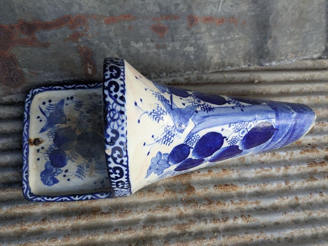 古便器　小便器　セット　青と白の花柄陶器　古道具　アンティーク　伊万里焼