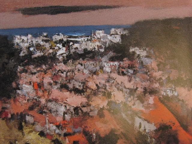 友成晴雄、山間の町、希少な額装用画集より、新品高級額装付、状態良好