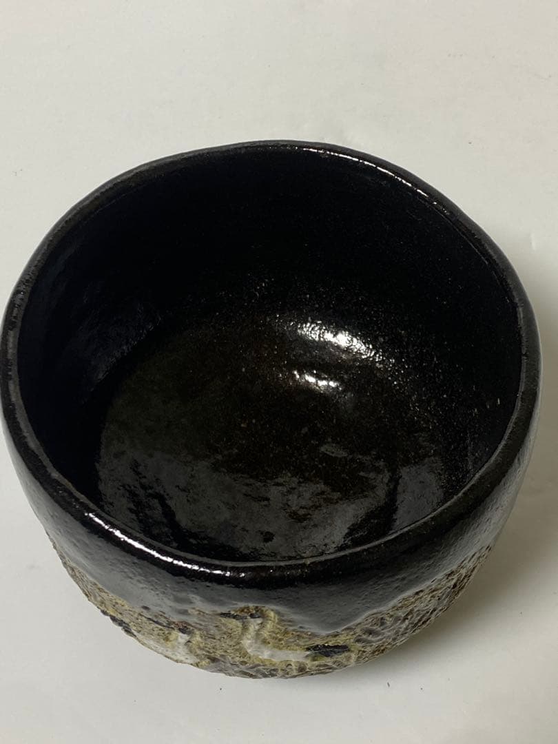 黒楽焼　松鶴文茶碗　楽印　茶碗　茶道具 骨董品　コレクション　レア