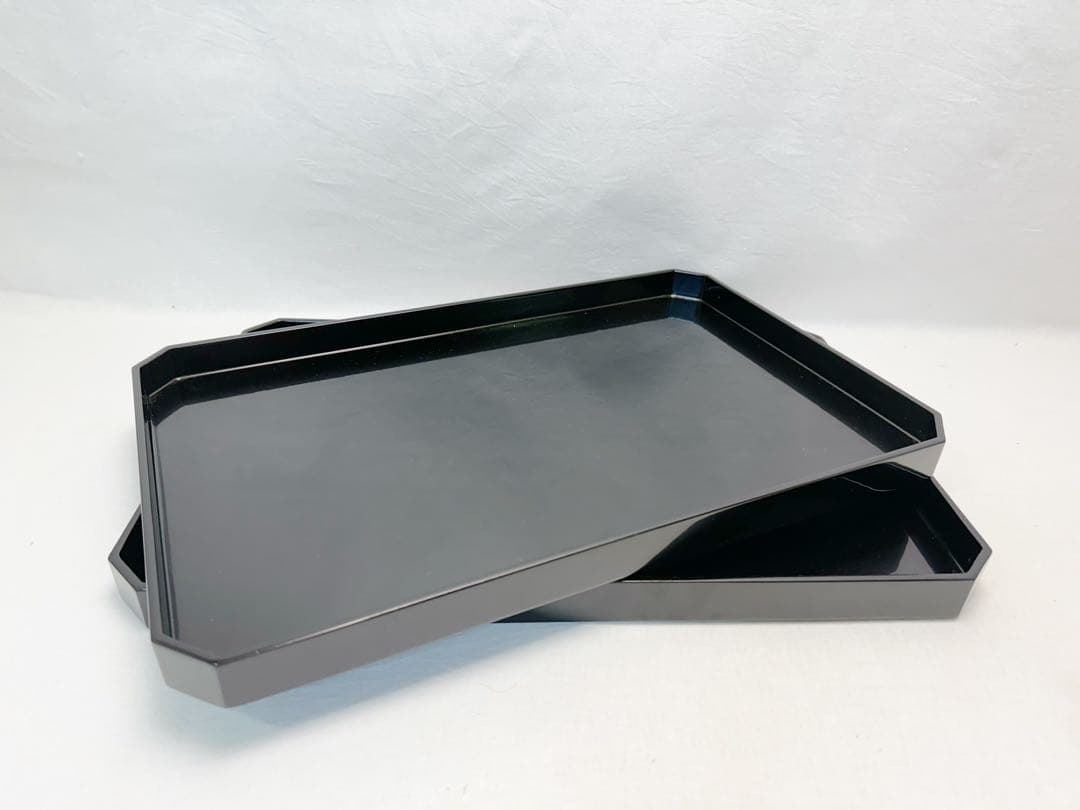 未使用 懐石道具 木製黒真塗 脇引き盆二枚セット 紙箱