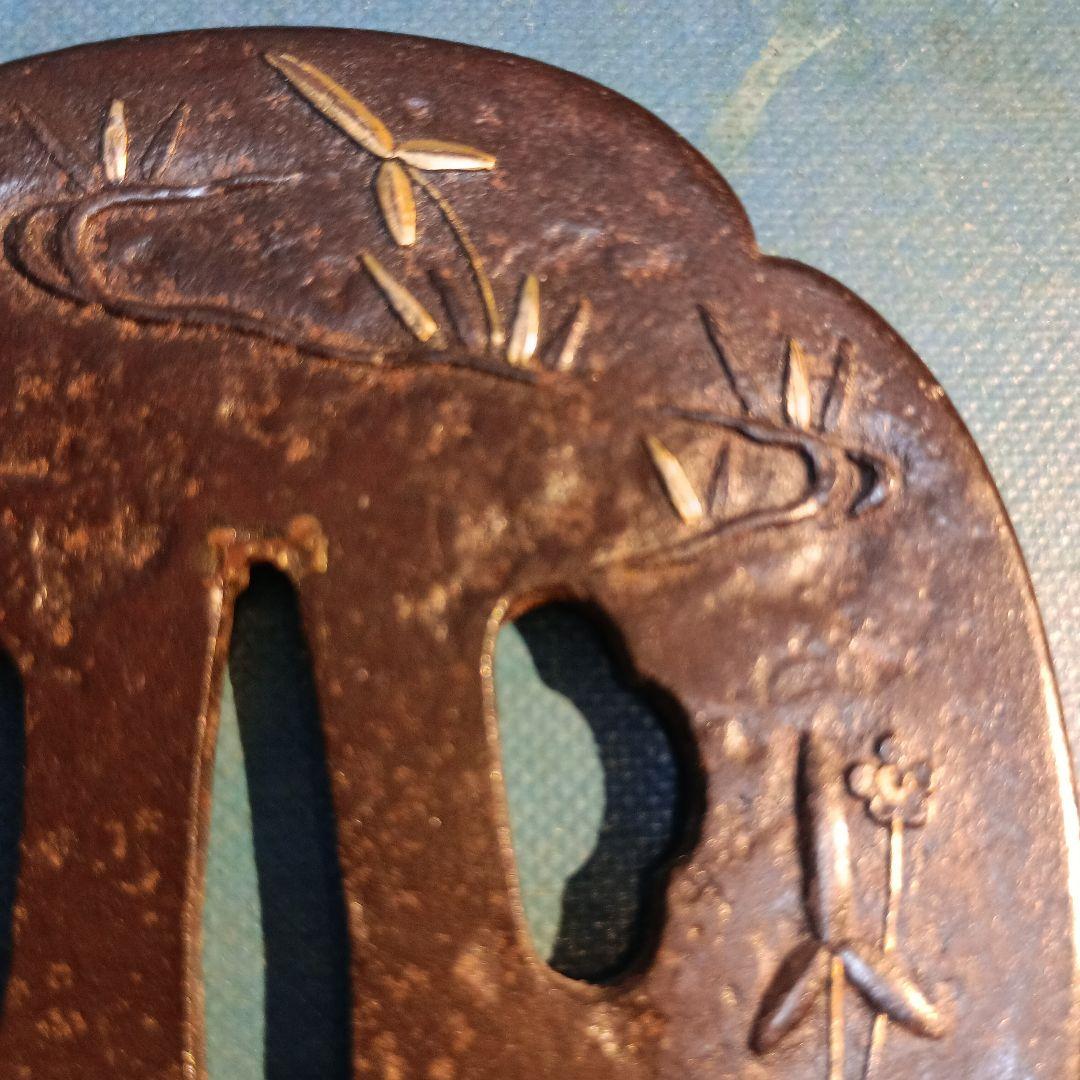鉄製 鍔 竹・笹の金象嵌