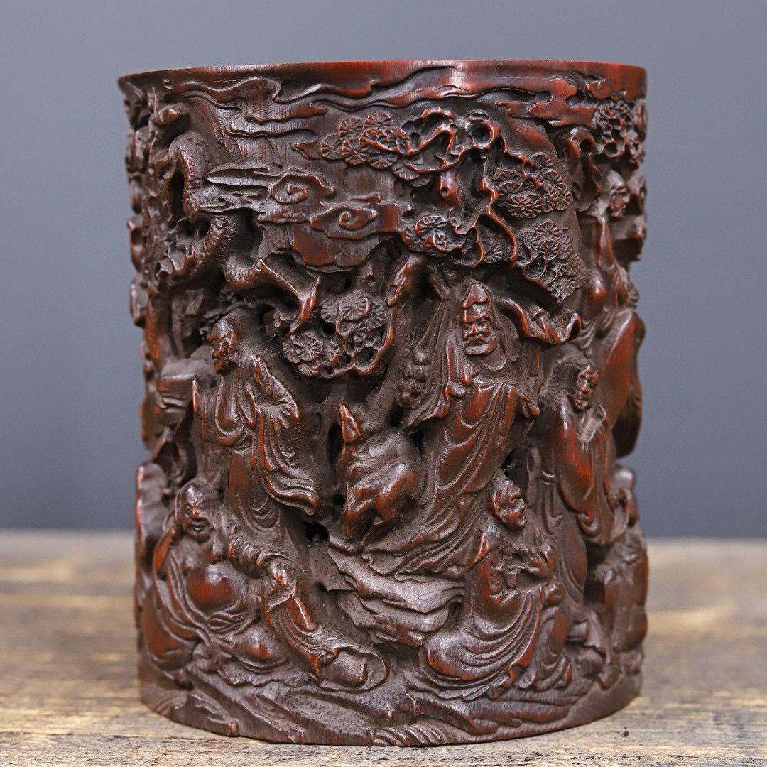 竹 細工 彫刻 十八羅漢筆筒 書道具 文房具 工芸品 置物