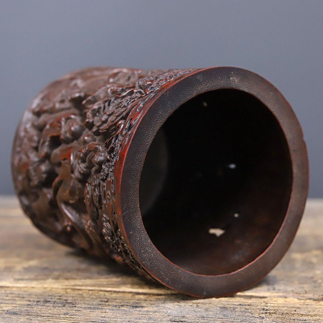 竹 細工 彫刻 十八羅漢筆筒 書道具 文房具 工芸品 置物