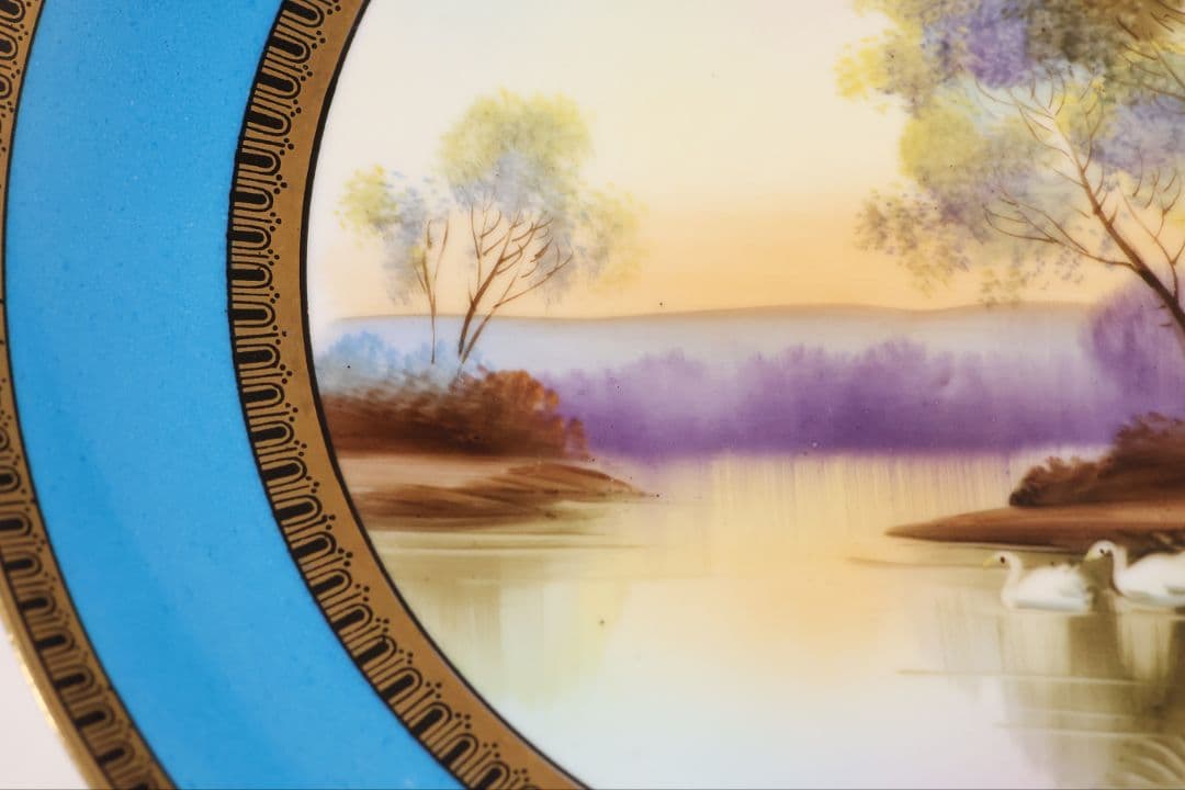 【CM300】オールドノリタケ 白鳥 風景 皿 プレート 金彩 ブルー 青 明治