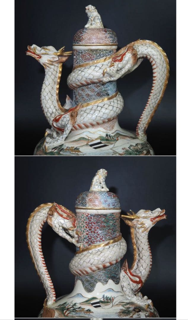 送料無料　明治薩摩焼　武者絵龍吐水注　木箱付　★希少★