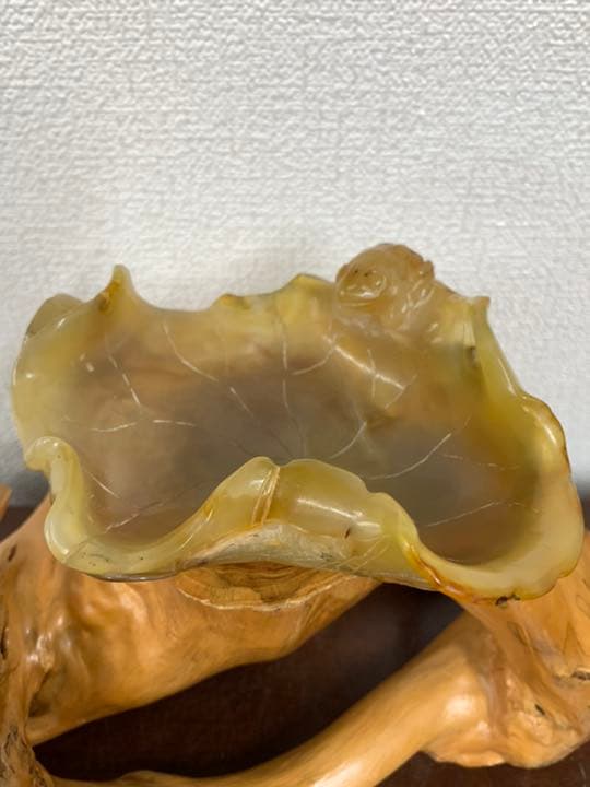 【希少品】文房具　清時代瑪瑙蓮の葉水盂 天然瑪瑙；共箱、共布 BL4-99