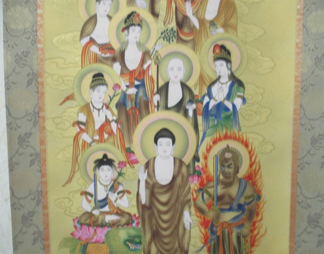 【保管品】掛軸 米谷旭秋『十三佛』絹本 共箱付 未使用 仏事用の掛け軸 廊7-1