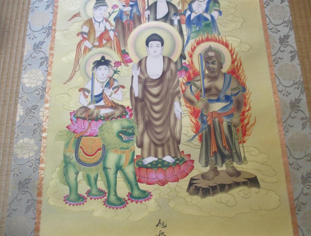 【保管品】掛軸 米谷旭秋『十三佛』絹本 共箱付 未使用 仏事用の掛け軸 廊7-1