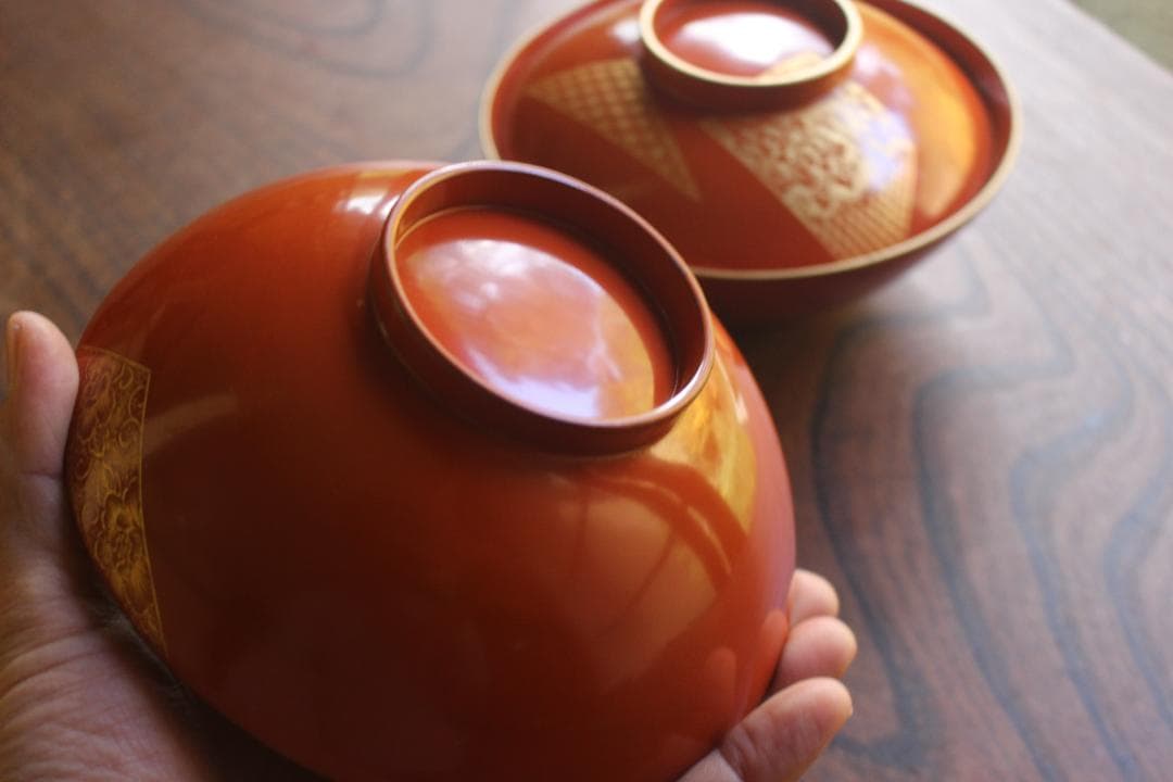 時代逸品！上質朱漆に極上花文沈金の大椀2点（検漆器輪島塗沈金椀雑煮椀