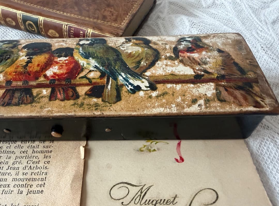 フランスアンティーク　パピエマシェ　ペンケース　小鳥　小箱　小物入れ　蚤の市