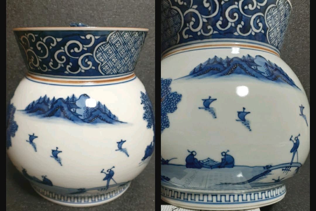 【秀作】清水焼　京焼　名工　山本壹楽造　染付　山水絵　水指　共箱　茶道具　茶器