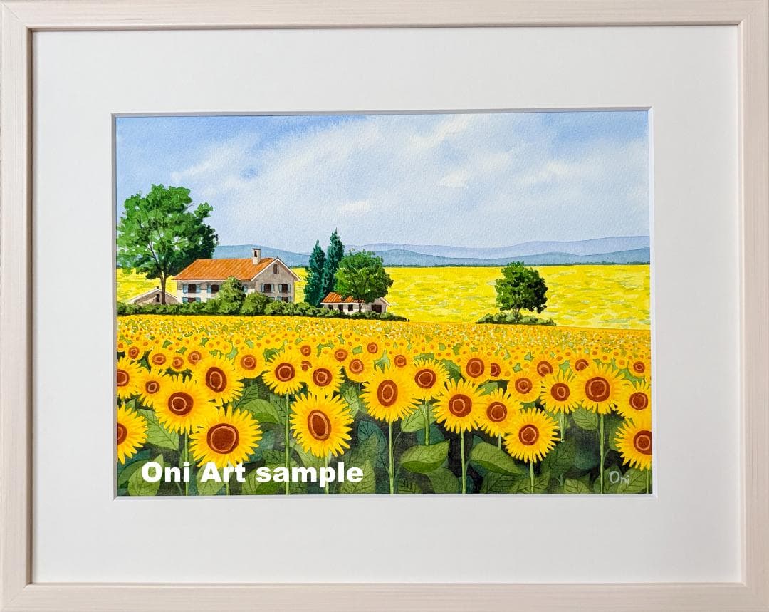 透明水彩画　原画　「ひまわり畑02」額縁付　４Fサイズ　風景画