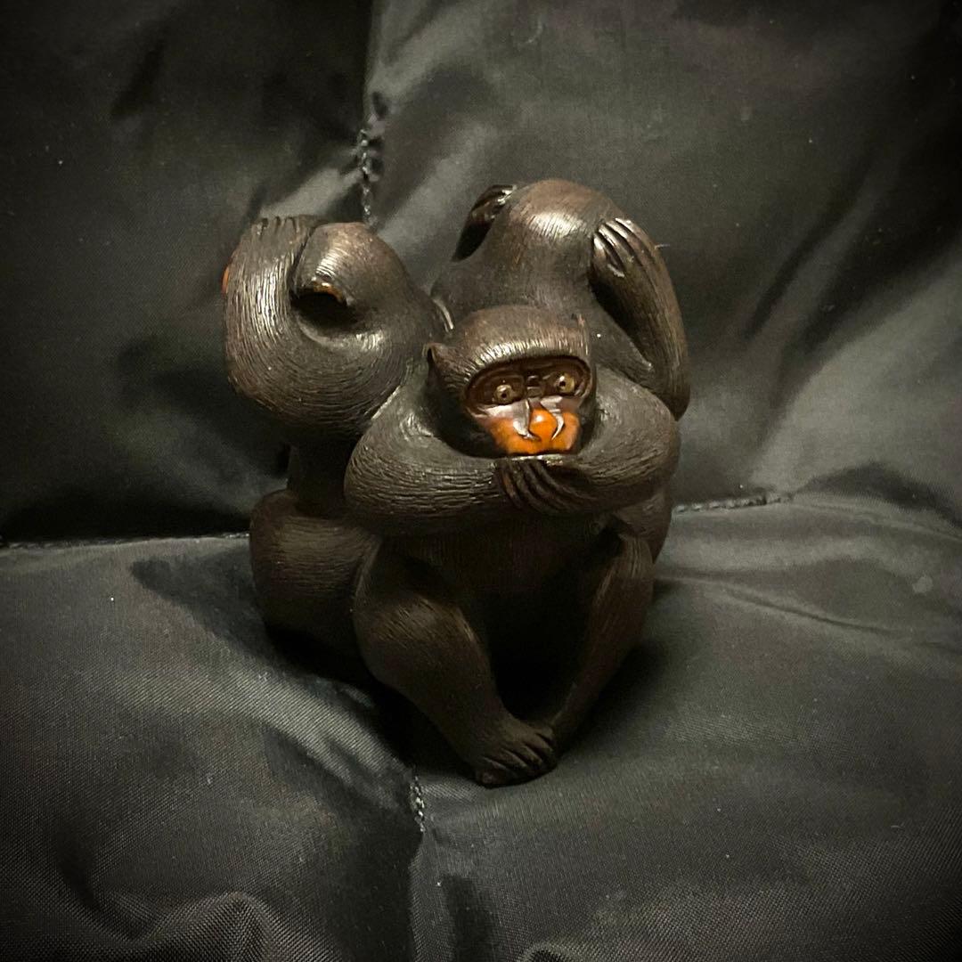 三猿　「見ざる、言わざる、聞かざる」彫銘「光一」置物根付