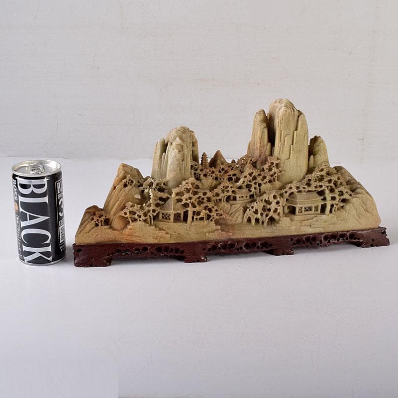 中国　玉石蝋石青田石　楼閣山水雕　床飾　置物　V　7609