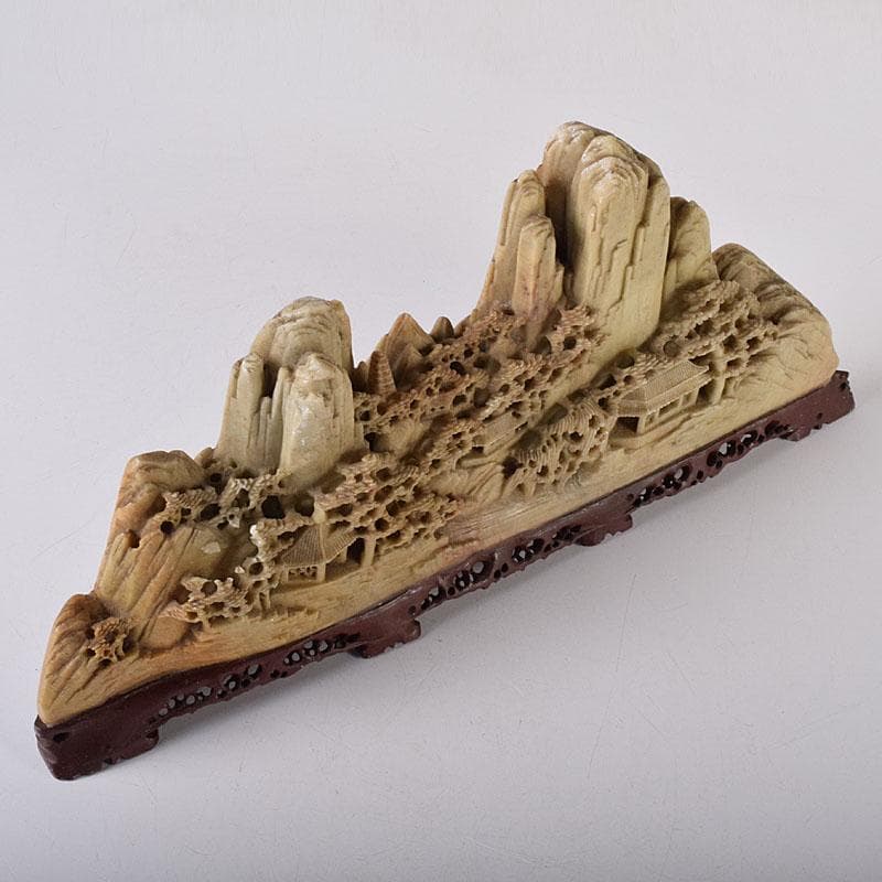 中国　玉石蝋石青田石　楼閣山水雕　床飾　置物　V　7609