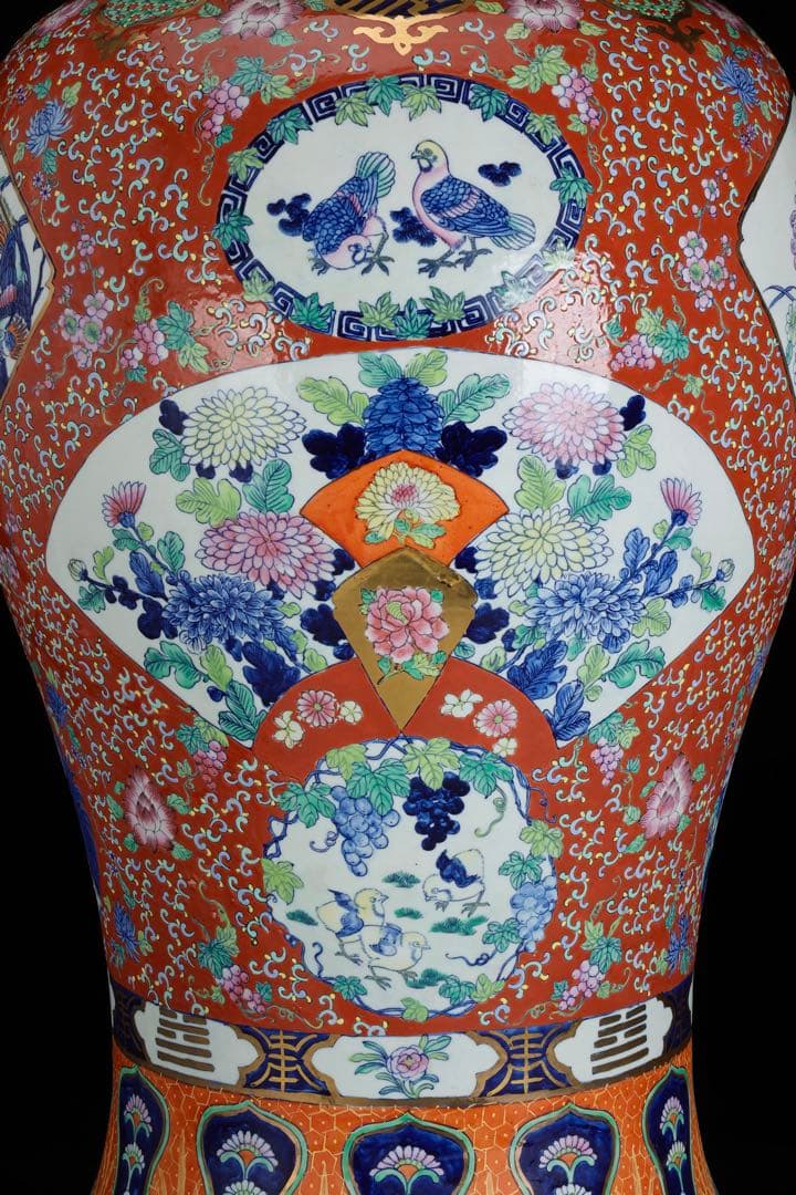 有田焼 染錦窓絵花鳥尽之図 獅子摘蓋付 沈香壺 特大99㎝ 飾壺 古美術 骨董品